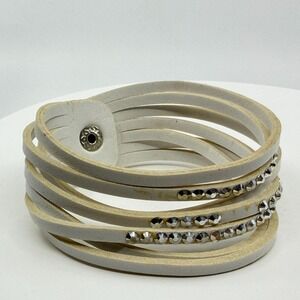 White Leather Rhinestone Wrap Bracelet - Boho Festival Wrist Accessory